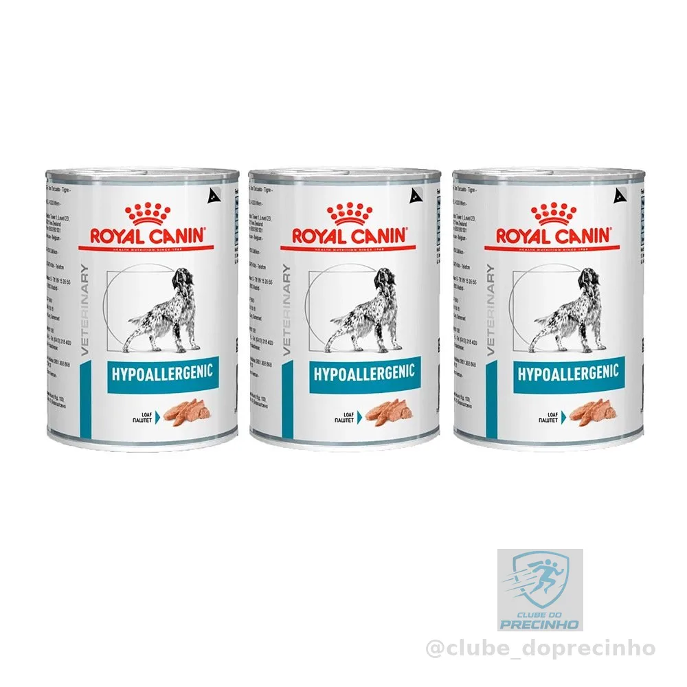 Kit 3un.Ração Úmida Lata Royal Canin Veterinary Hypoallergenic Cães Adultos 400g