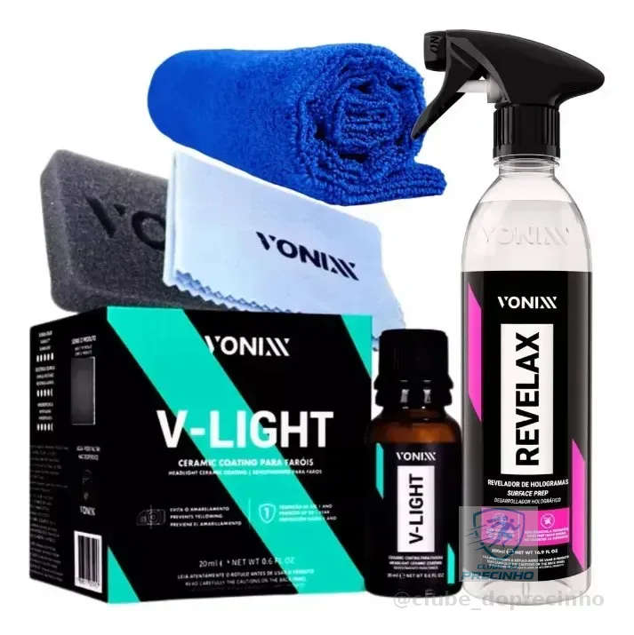 Vitrificador de Faróis Vonixx V-Light 20ml + Revelax Limpeza e Proteção