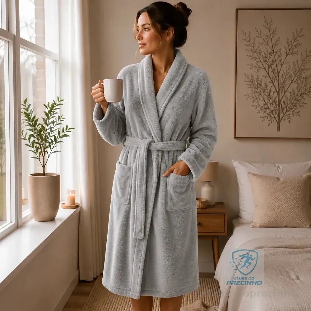 Roupão Premium Microfibra Antialérgico Inverno Frio Cinza Peluciado