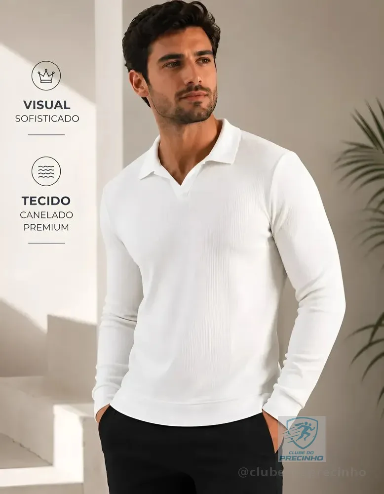 Camisa Polo Masculina Gola Italiana Manga Longa Branco/off P