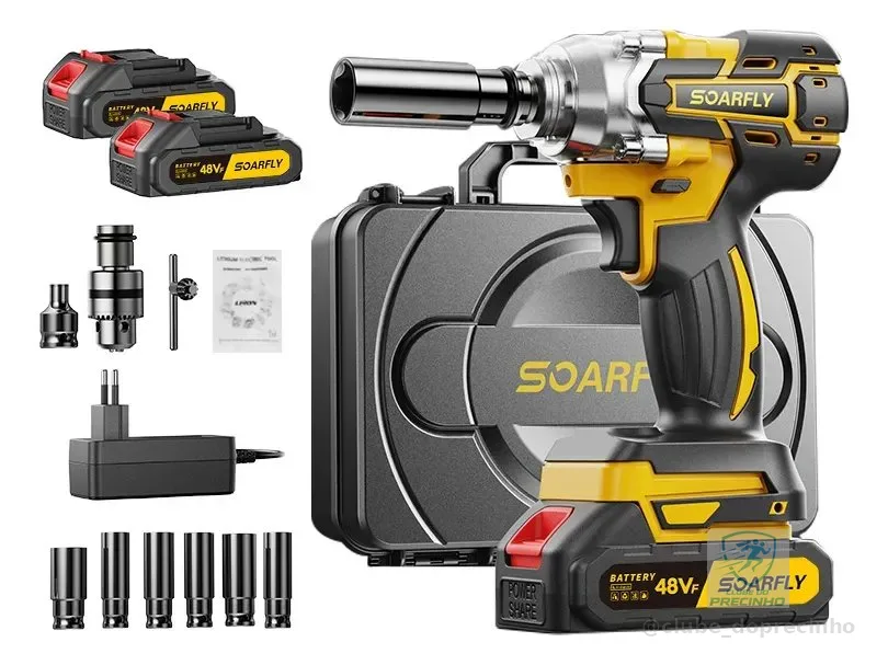 Chave De Impacto 800n.m 48v Brushless Com 2 Baterias Sem Fio Amarelo 127/220v 50/60hz