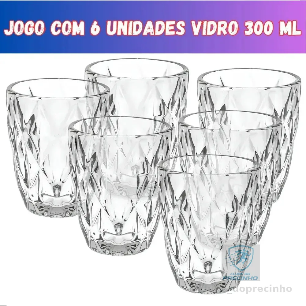 Jogo 6 Copos Vidro Diamante Grosso Resistente Agua 300ml Branco Ms Variedades