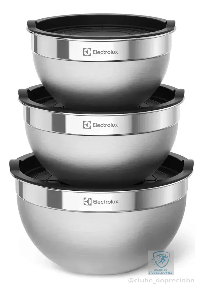 Kit 3 Tigelas Electrolux Aço Inox Bowls com Tampa Plástica 1,4L 2L 2,6L
