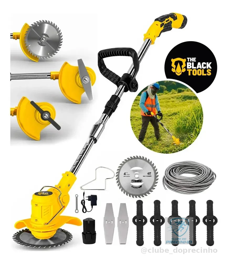 Roçadeira Aparador Grama A Bateria Recarregável 460w Profissional Com Acessórios Tcg12b The Black Tools