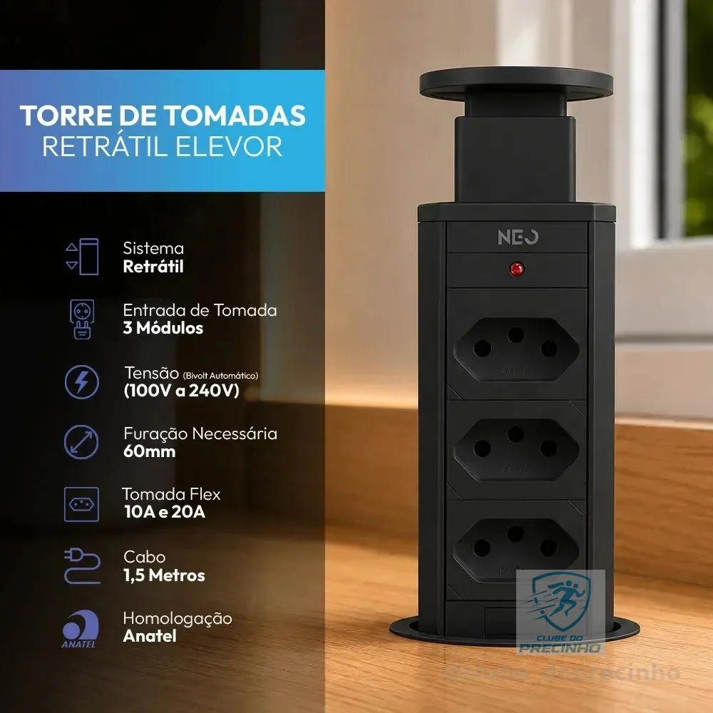 Torre de Tomada Embutir Neo Avant Preta 3 Tomadas Flex 10A 20A Bivolt
