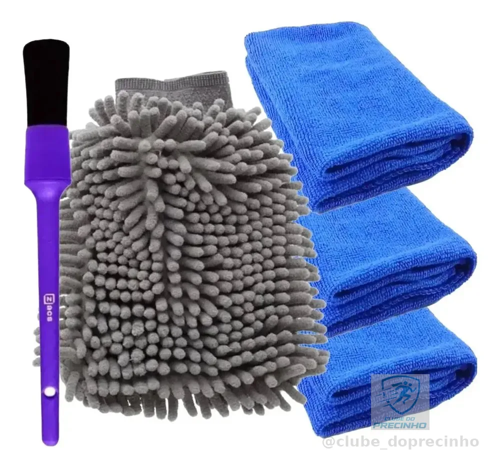 Kit 3 Panos de Microfibra e Luva Detailer + Pincel Externo Zacs de Detalhamento Automotivo