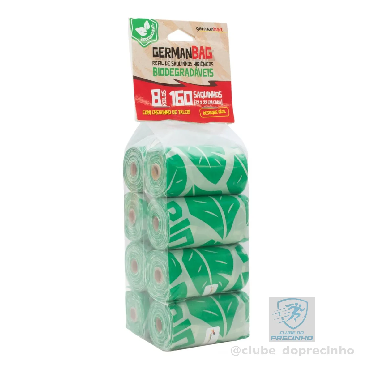 Germanhart Kit Refil Cata Caca Saquinhos Higiênicos para Cães, Destaca Fácil, 8 Rolos (160 saquinhos), Biodegradável, Impermeável e Resistente, À Prova de Vazamentos, Verde Folhas