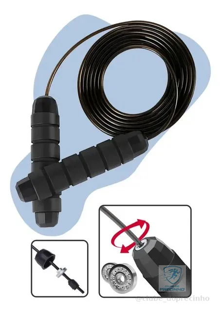 Corda De Pular Speed Rope 3m Profissional Academia Cross Fit Com Rolamento Duplo Cabo De Aço E Pegadores Emborrachados Ajustável Preto