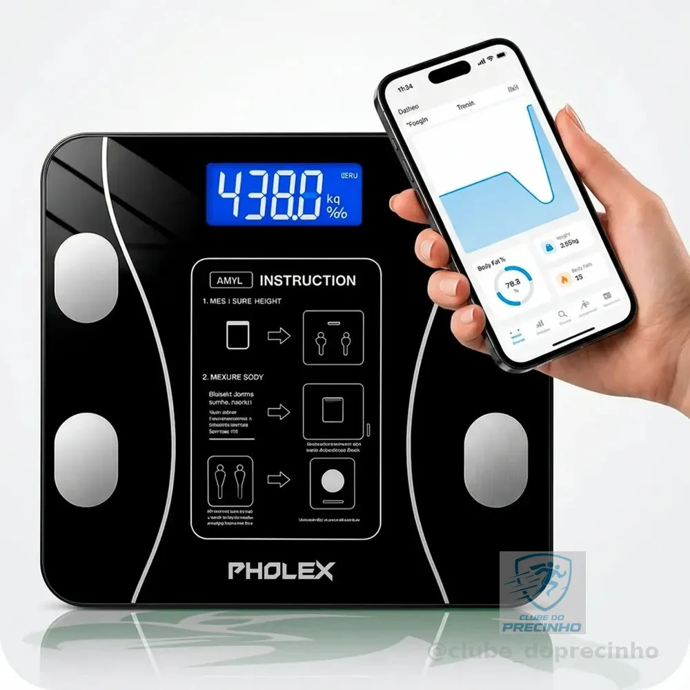 Balança Digital Corporal Bioimpedância Pholex Com Aplicativo Bluetooth Android e iOS Vidro Temperado Alta Capacidade Balança Academia Personal Banheiro Homologada Anatel