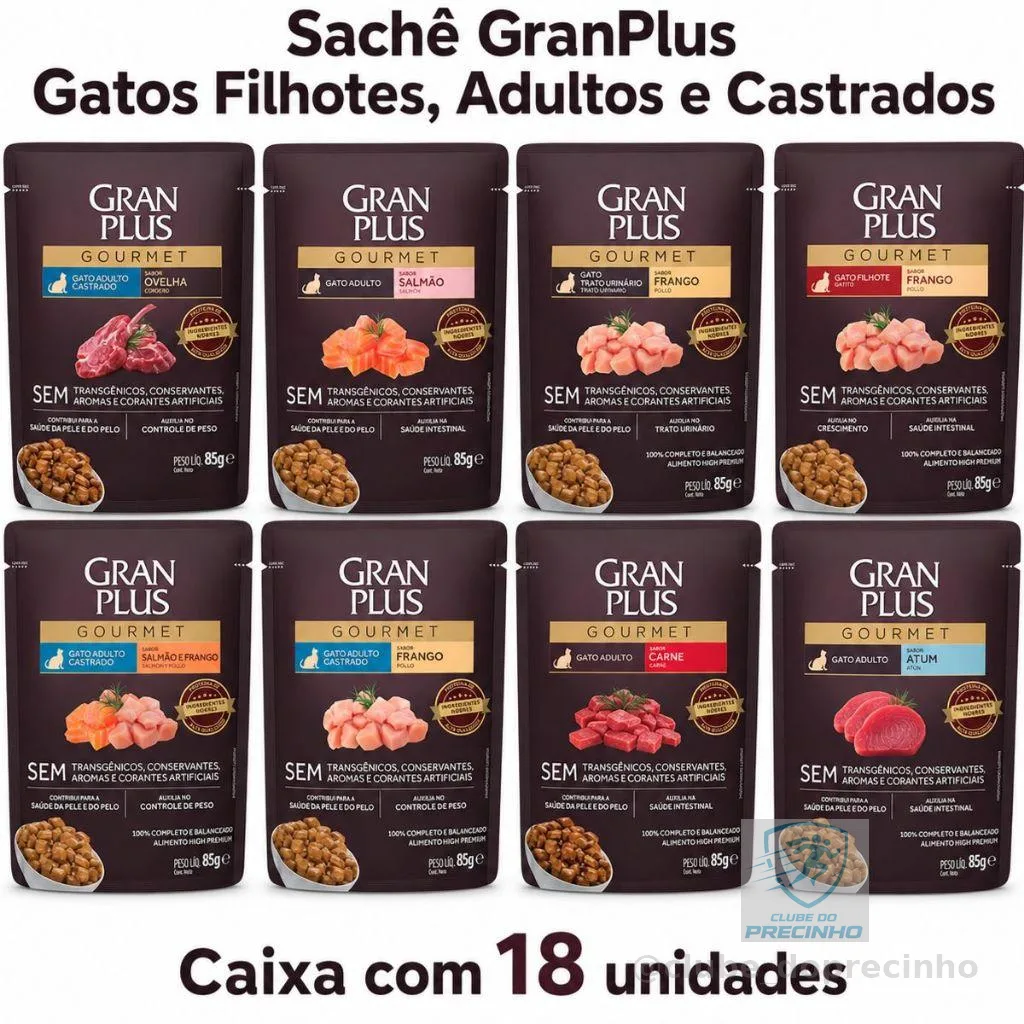 Ração Úmida Gatos Castrados Salmão Frango GranPlus 18 Sachês