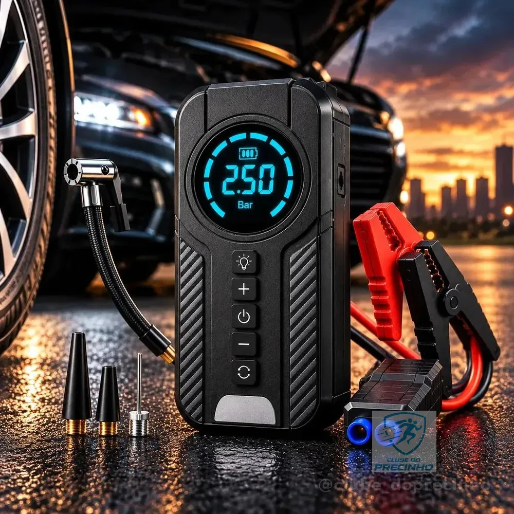 Auxiliar De Partida Bateria Carro Compressor De Ar Portátil 12V 4 funções em 1 Inflador Digital Calibrador Pneu Power Bank Lanterna LED Emergência Automotiva Moto SUV Bicicleta Caminhonete MidiaFone