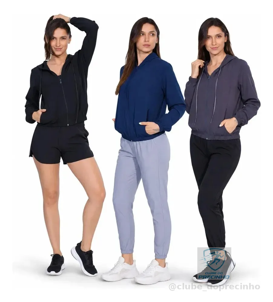 Kit 3 Jaquetas Corta Vento Feminina Leve Com Capuz Preto - Azul Marinho - Grafite G Liso