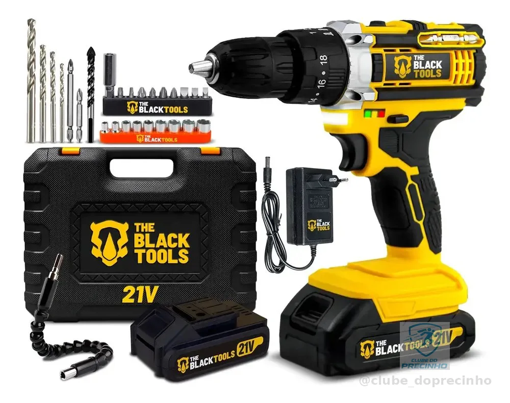 Furadeira Parafusadeira De Impacto 21v Com 2 Baterias Velocidade Ajustável 3/8 10mm Maleta E Acessorios Profissional The Black Tools