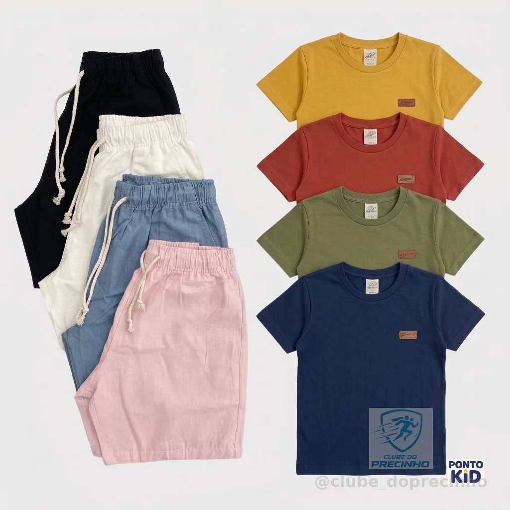 Kit 6 peças conjunto infantil camisa basica + short linho 100% algodão fresco e confortavel casual ou dia a dia 01 a 16