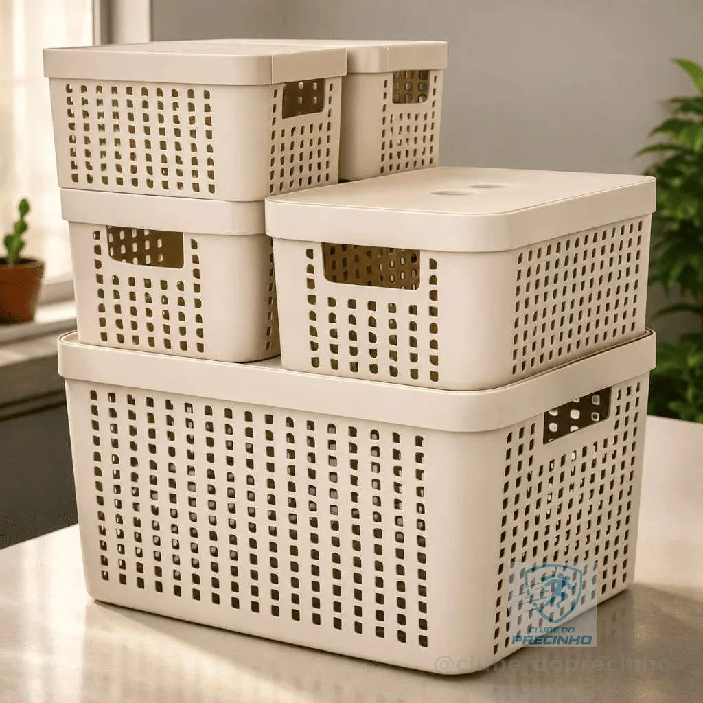 Kit 5 Caixas Organizadoras com Tampa Cesto Grande de Plástico 2 Litros 4,5 Litros 17 Litros