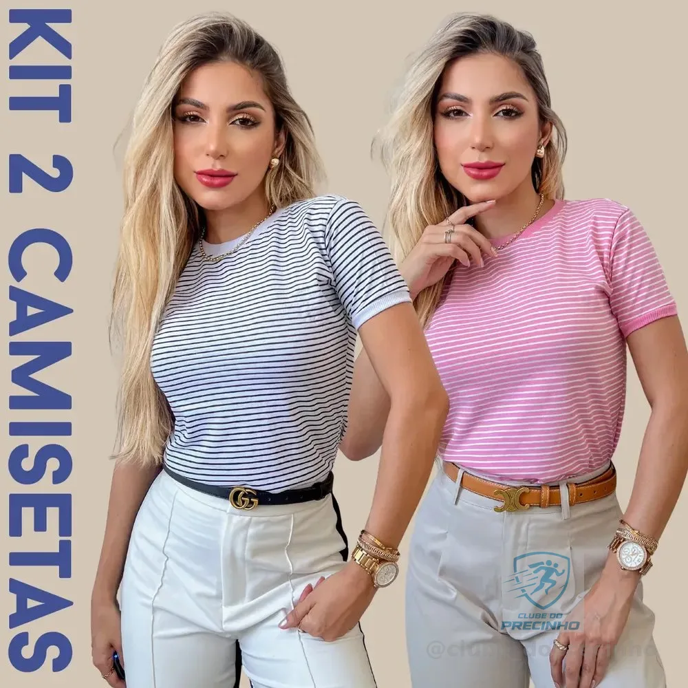 Kit 2 Camisetas Femininas Listrada Manga Curta P Ao Gg Verão Branco + Rosa Bebê M Listras
