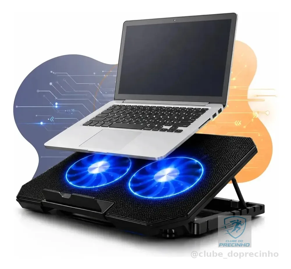 Suporte Notebook Base Led Refrigerada Ventilação Silenciosa Cor Preto Led Azul Ajustável 2 Cooler Ventoinha Até 17 Polegadas