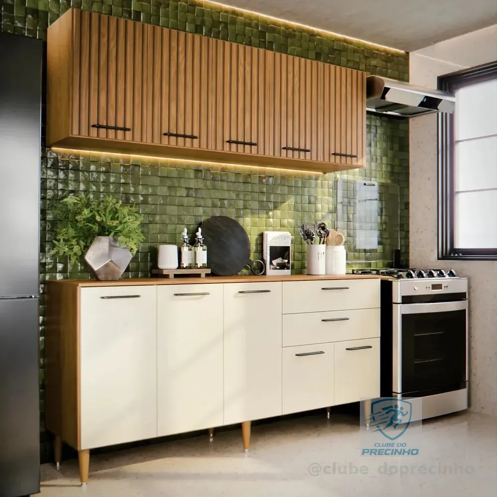 Armário De Cozinha Completo 140cm Aéreo E Balcão, 10 Portas E Gavetas, Funcional Para Cozinhas Ou Planejada Compacta Suspenso De Parede Ripado 3D Off White Bela
