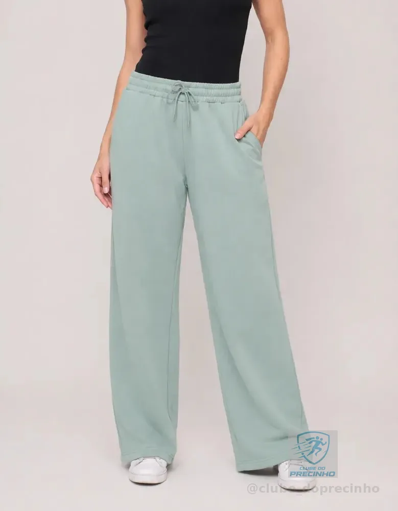 Calça Wide Leg Moletom Cintura Alta Reta Flanelada Casual Menta Liso G ( 42-44 )