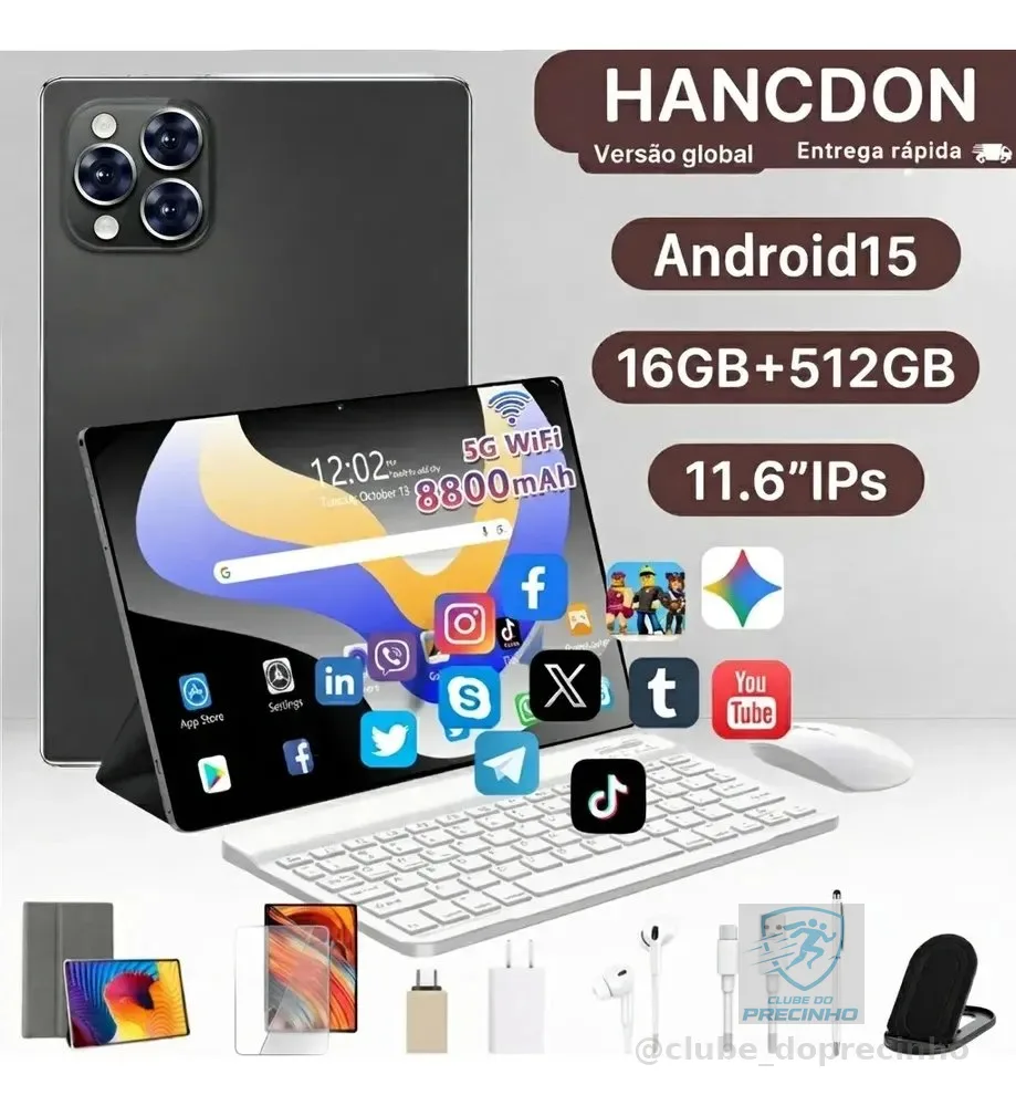 Tablet Android 15 Hancdon Tab Kit Completo Ram 16gb 512gb 11.6'' Hd Tela Apoia Wifi 2,4/4g/5g Dual Sim Bateria 8800mah Com Caneta+teclado E Mouse Profissional Estudo Trabalho Jogos 2 Em 1 Tablets Pc