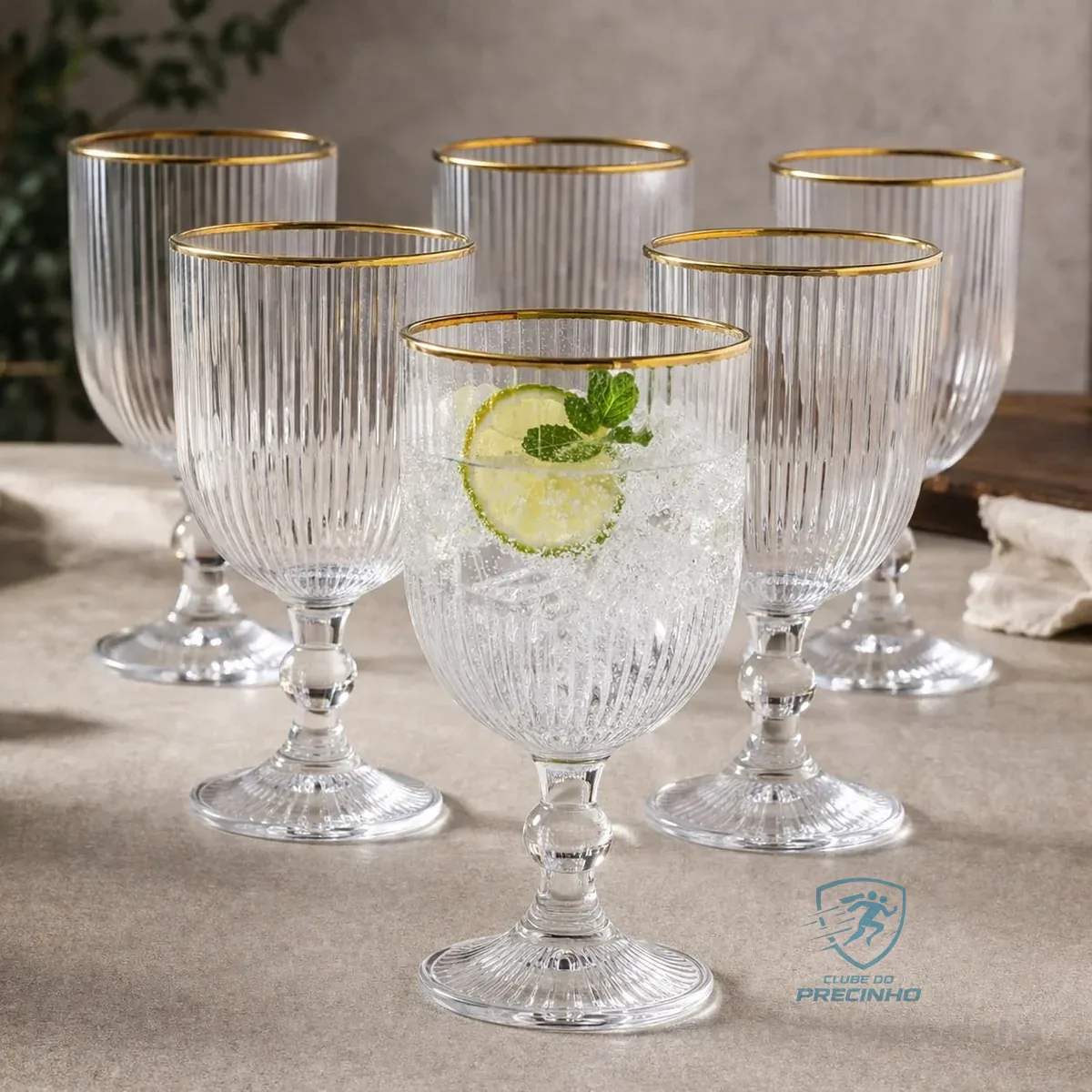Jogo Com 6 Taças De Vidro Canelado Com Borda Dourada 400ml Design Elegante E Resistente Ideal Para Suco Água Refrigerante Drinks E Café Transparente Para Cozinha Bar E Restaurante