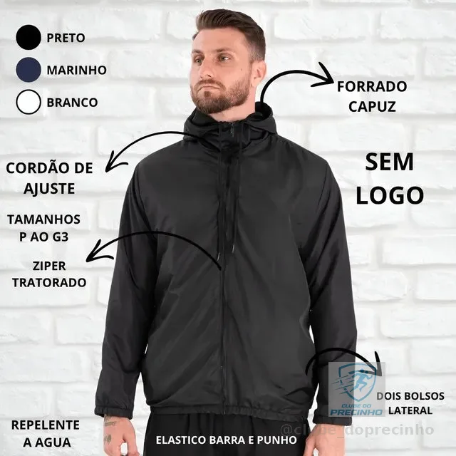 Jaqueta Corta Vento Liso Unissex Esportivo Capuz E Bolsos