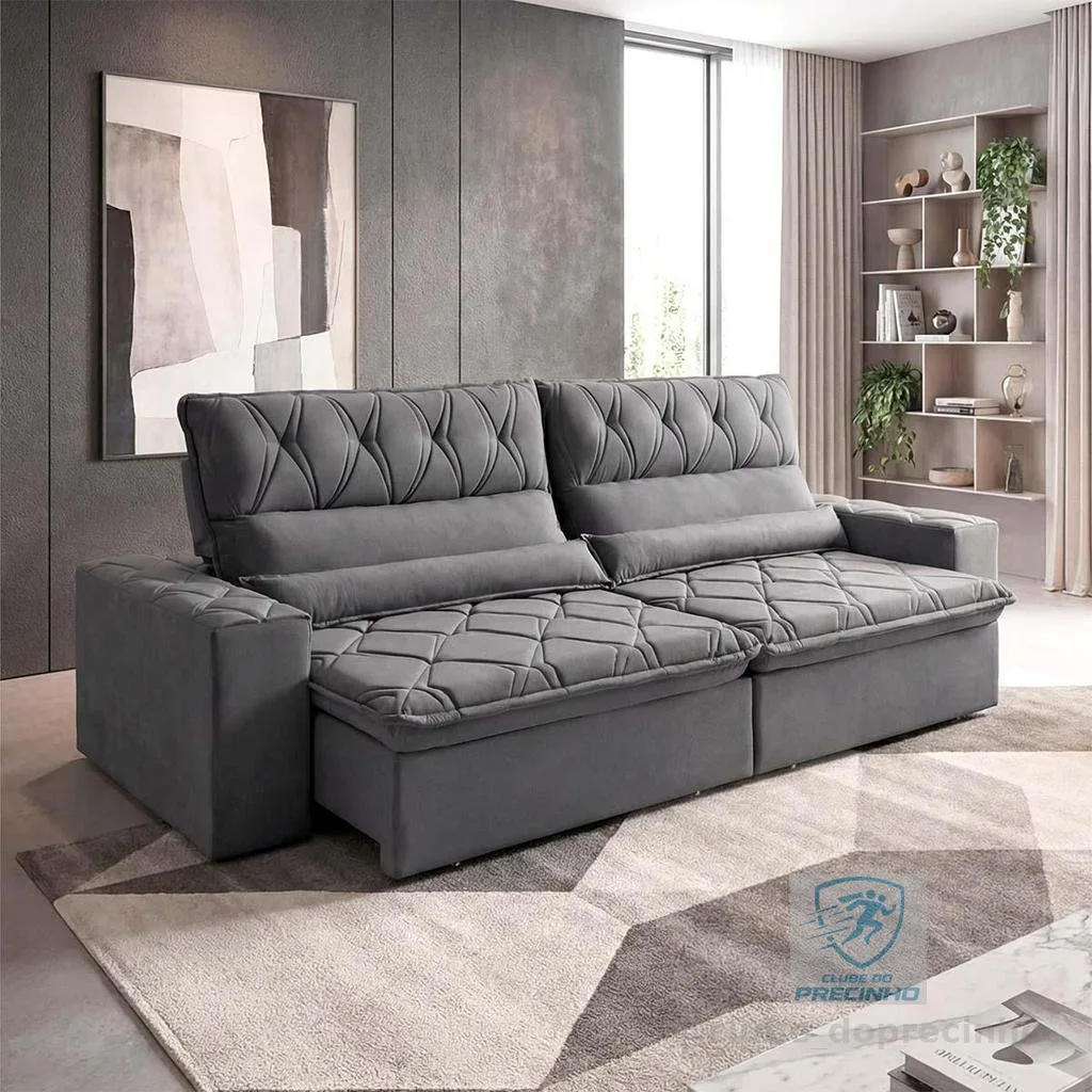 Sofá Retrátil/Reclinável França 3,00m Suede Velut Cinza c/ Molas no Assento - King House