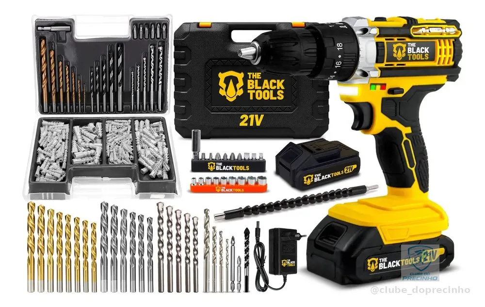 Parafusadeira Furadeira De Impacto Profissional 21v Tb21pw Com Kit Brocas E Buchas 300 Peças The Black Tools