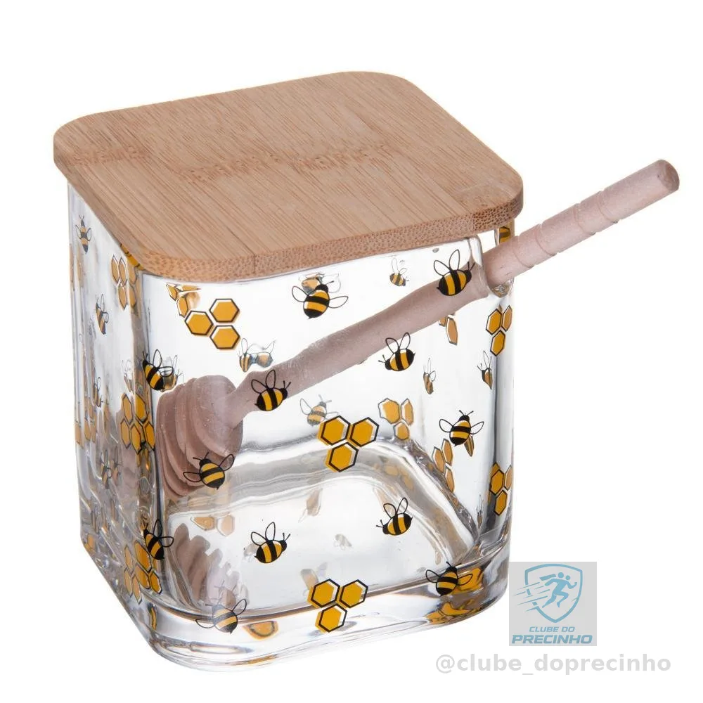 Meleira de Vidro 9,5cm Bee Lyor com Tampa e Pegador de Bambu para Servir Mel