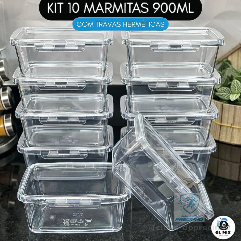 Kit 10 Marmitas com Travas 900ml BPAFREE Pote Plástico Freezer Microondas Fitness Refeição Alimento