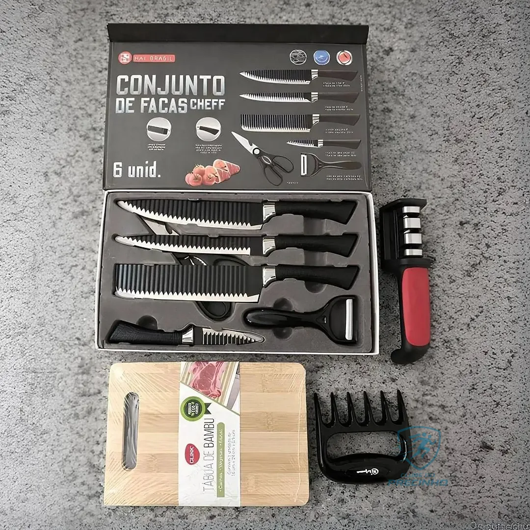 Jogo De Facas Inóx Conjunto 8 Peças Kit Cozinha Churrasco Premium + Tábua Aquattro Preto