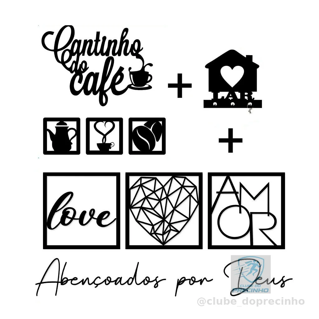 Kit 6 Placas Decorativas + 2 Letreiros Cantinho do Café e Abençoados Por Deus + Porta Chaves Lar