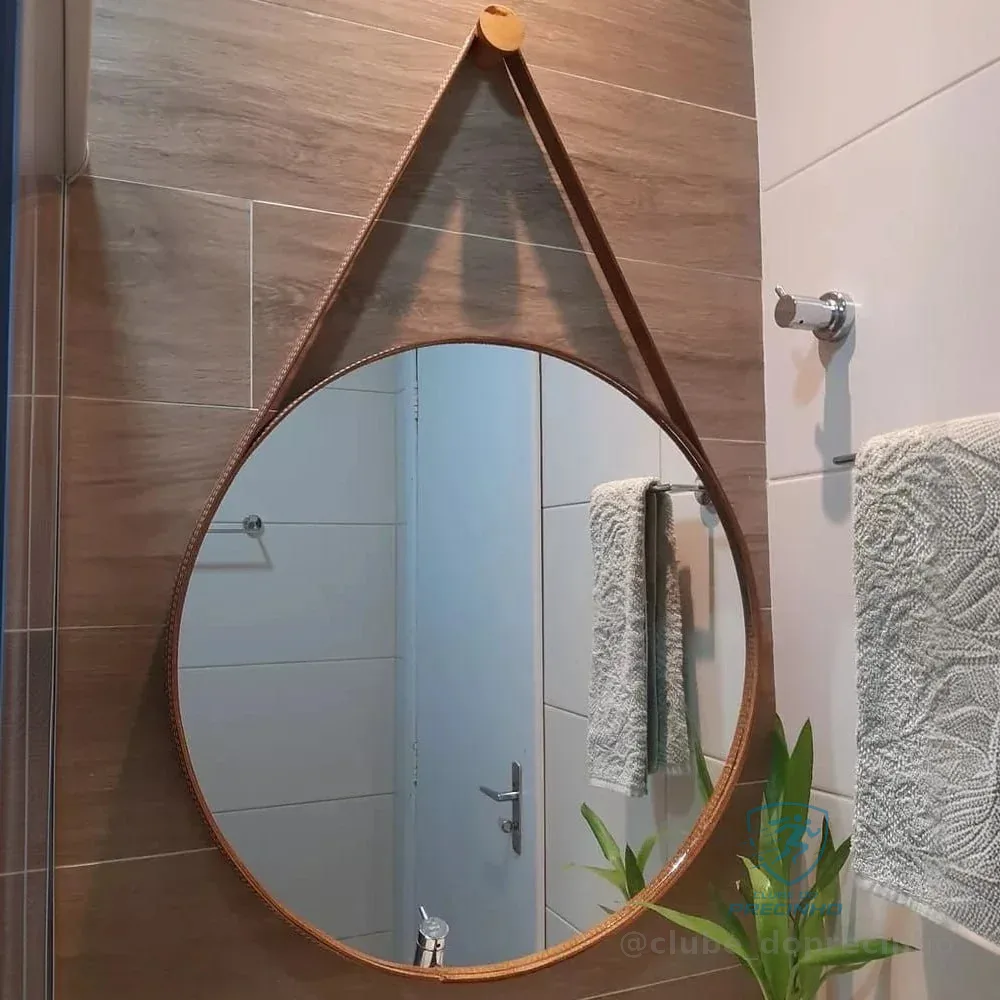 Espelho De Banheiro Decorativo Redondo 60cm C/ Alça De Couro