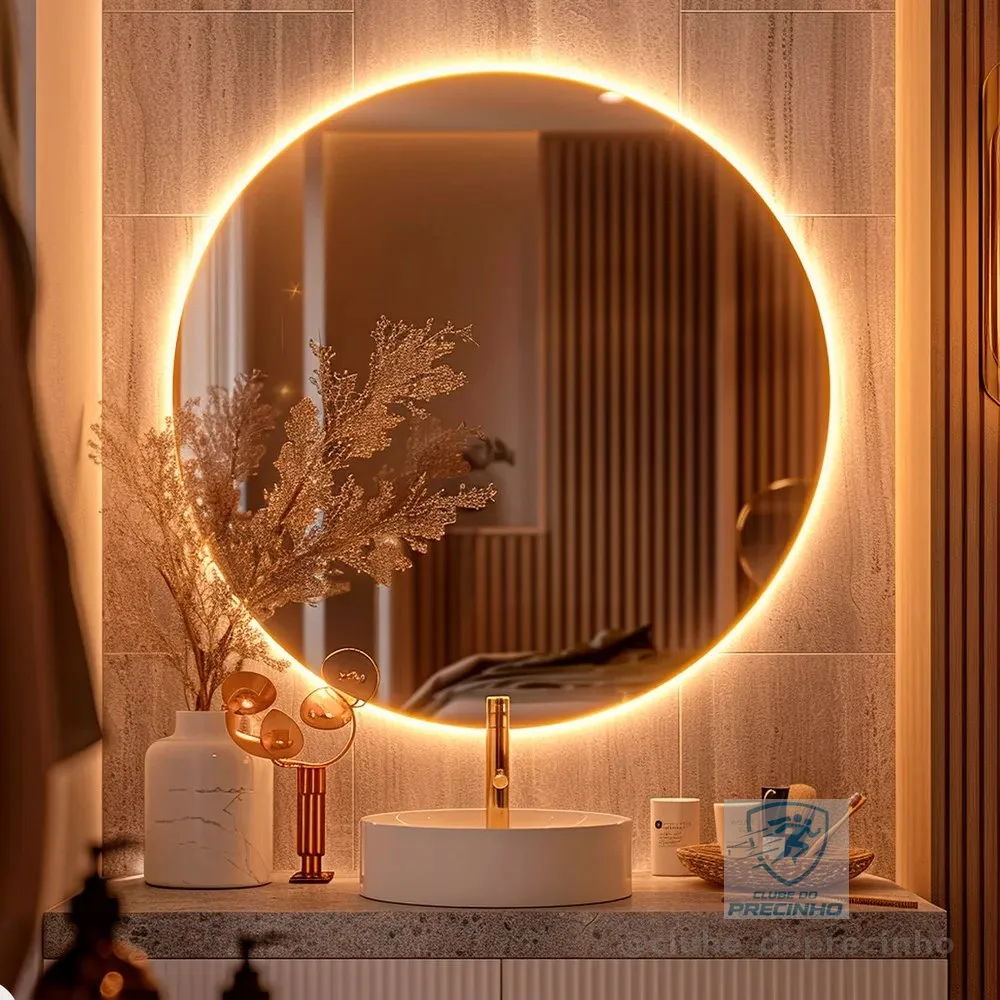 Espelho Redondo 50cm C/ Led Para Parede Quarto Banheiro Sala Moldura Redondo 50cm Led Quente