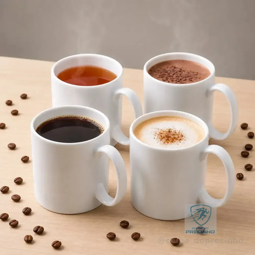 Kit 4 Caneca De Porcelana Reta 300ml Branca - Café Chá Capuccino