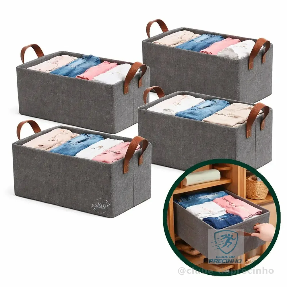 Kit 4 Caixas Cesto Organizadora Grande Dobrável Guarda Roupa Gaveta Mesas Banheiro Cor Cinza