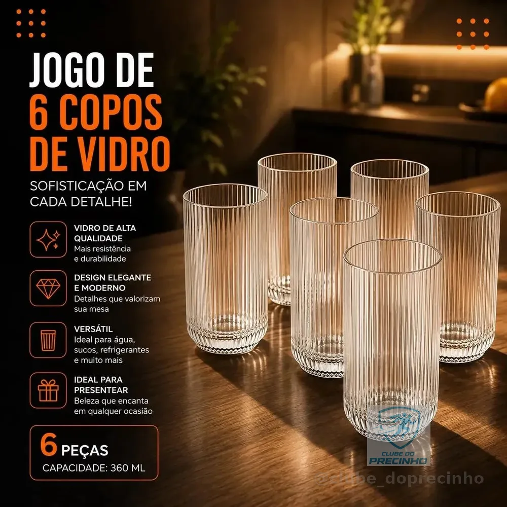 Jogo 6 Copos Vidro Canelado 423ml Moderno Elegante Premium Vinho Água Suco Drinks Gin Whisky Jogo Copos Taça Copo Conjunto Design Luxo Texturizado Cozinha Restaurante Decoração Hold On