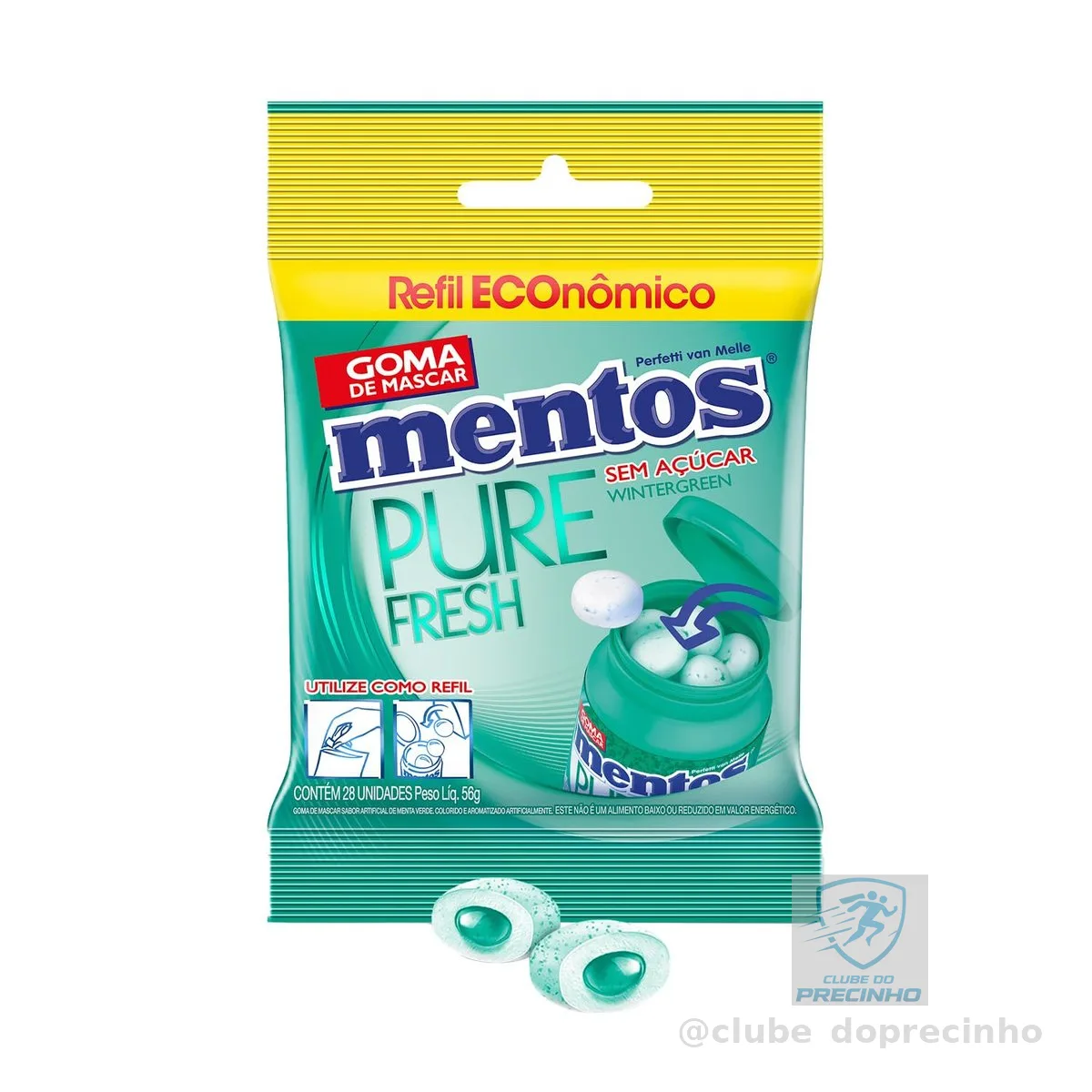 Mentos Pure Fresh Wintergreen Refil - Goma de Mascar Sem Açúcar Sabor Menta Verde - 56g | 28 Unidades