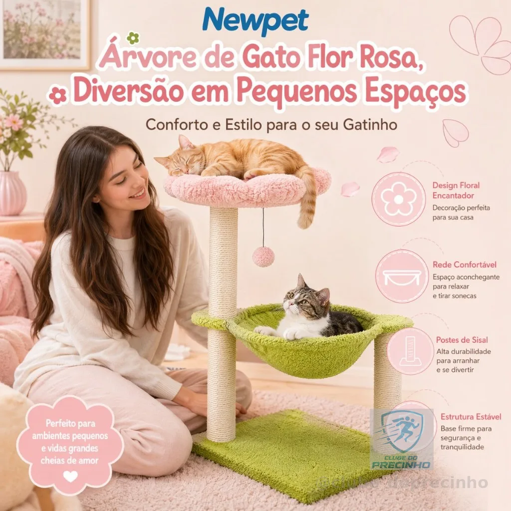 Newpet-Torre de Gato Flor 68cm com Rede Suspensa Aconchegante, Postes Sisal Natural e Bolinha de Brinquedo Pendente