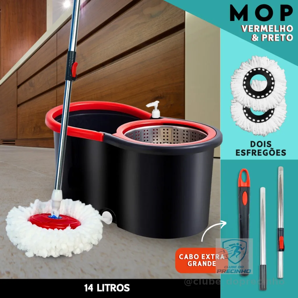 Mop Giratorio Com cabo de 140 cm Cesto Em Inox - Balde Centrífuga - C/2 Refil | Bnvt