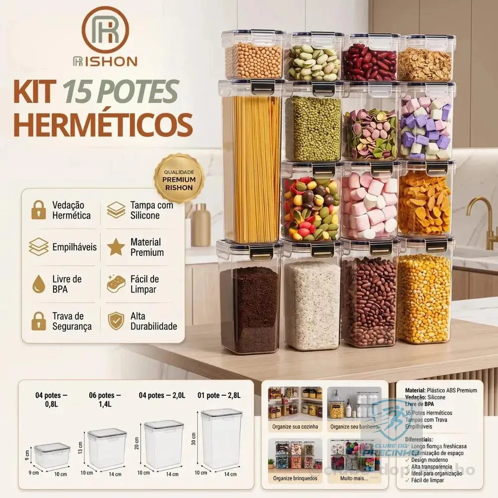 Kit 15 Potes Hermético Cadencia Mantimentos Quadrado Cozinha Branco Rishon 22,4 Litros