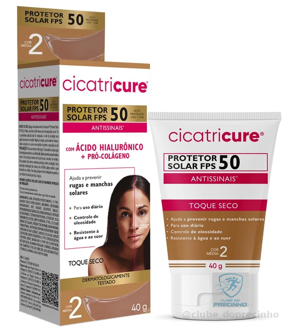 Cicatricure Protetor Solar FPS50 com Cor Média 40g - Ácido Hialurônico e Pró Colágeno