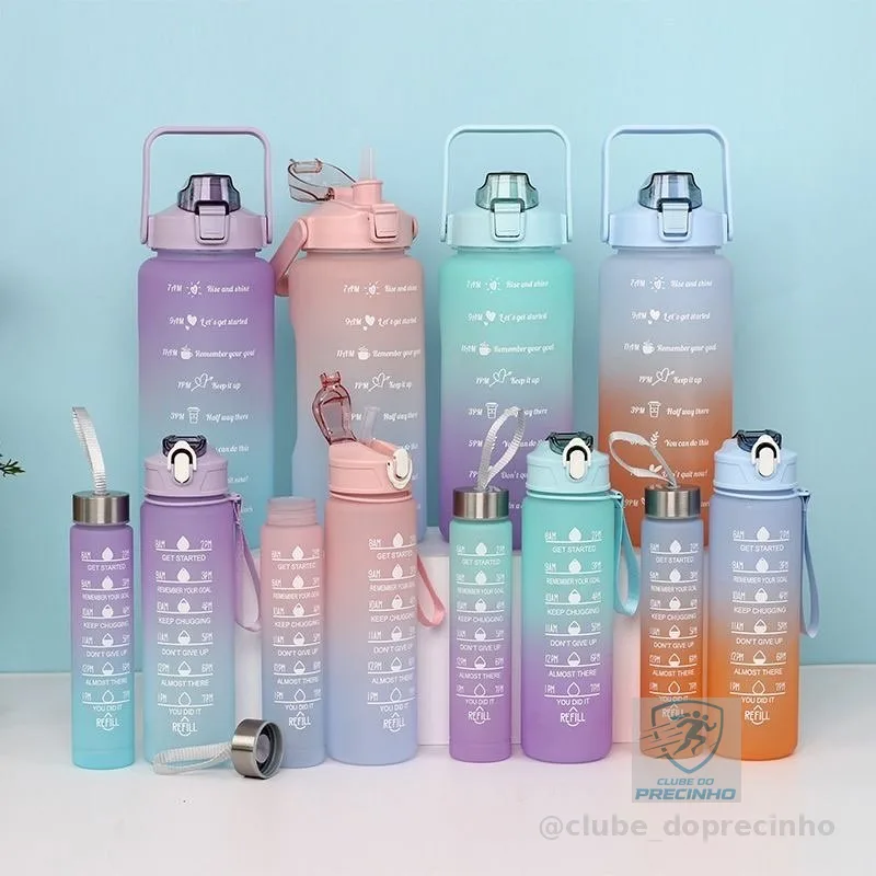 Kit 3 Garrafas Motivacional Squeze Colorida Adesivo 2L/900/300 ML