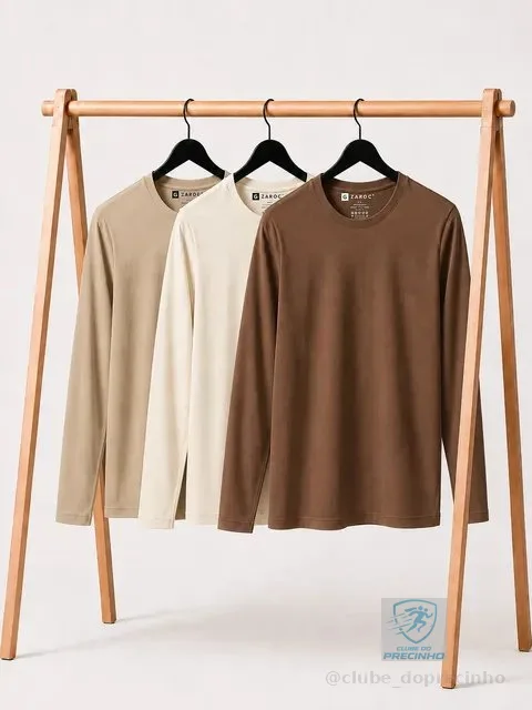 Kit 3 Camiseta Manga Longa Masculina Slim Algodão 30.1 Zaroc