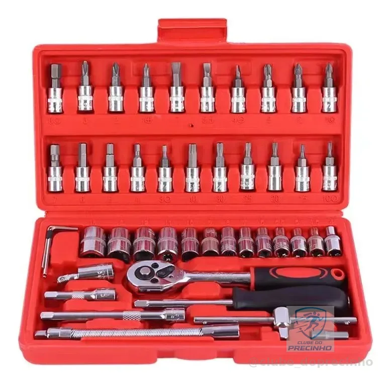 Kit Ferramentas 46 Peças Com Soquetes e Chaves Para Carro e Casa Vermelho