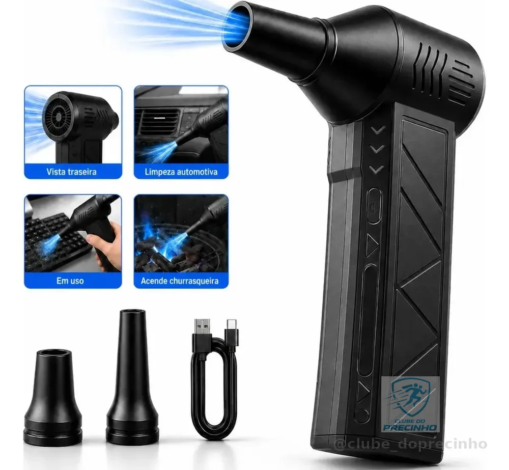 Soprador Mini Turbo Portátil Usb Sem Fio Recarregável Para Limpeza Com 2 Bicos E Inflar Preto Woosh