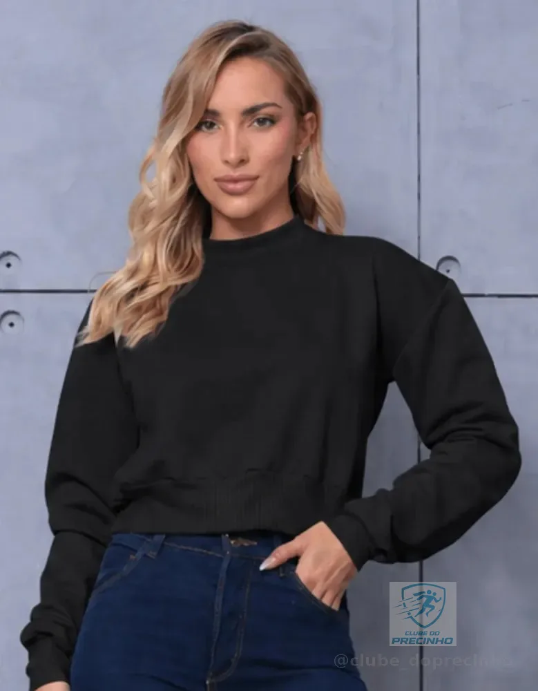 Blusa Cropped Moletom Flanelado Casaco Básico Frio Inverno M ( 36-38 ) Preto Liso
