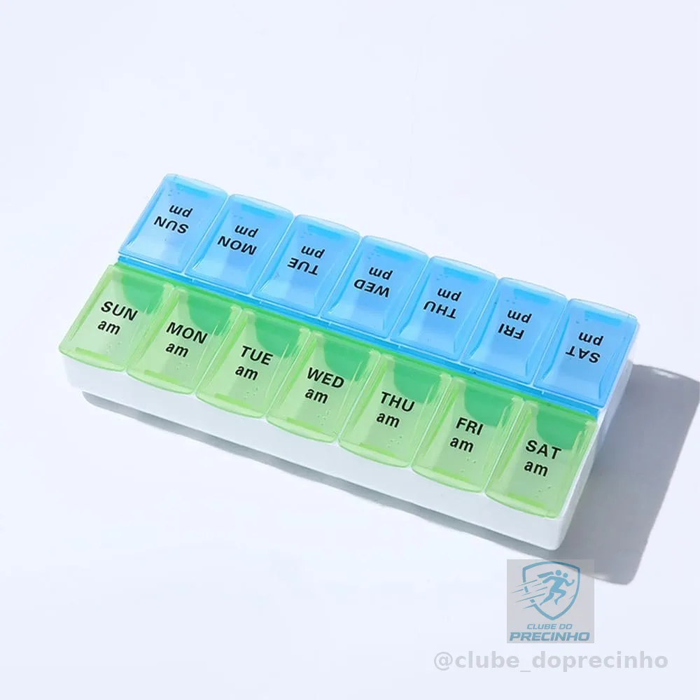 Caixa de comprimidos semanal portátil – material PP de grau alimentício, à prova de umidade selada, compartimentos AM/PM, caixa de armazenamento de medicamentos para viagem