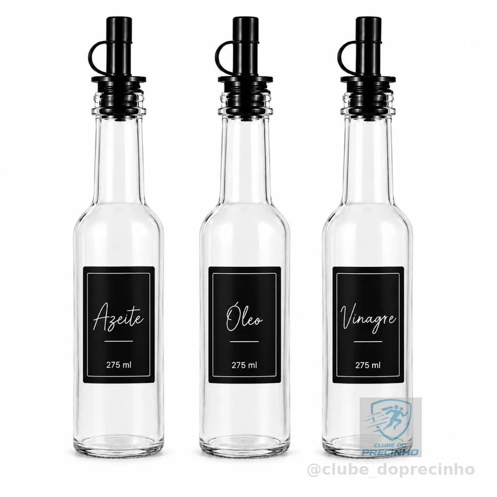 Kit 3 Galheteiros de Vidro 275 ml com Dosador Preto