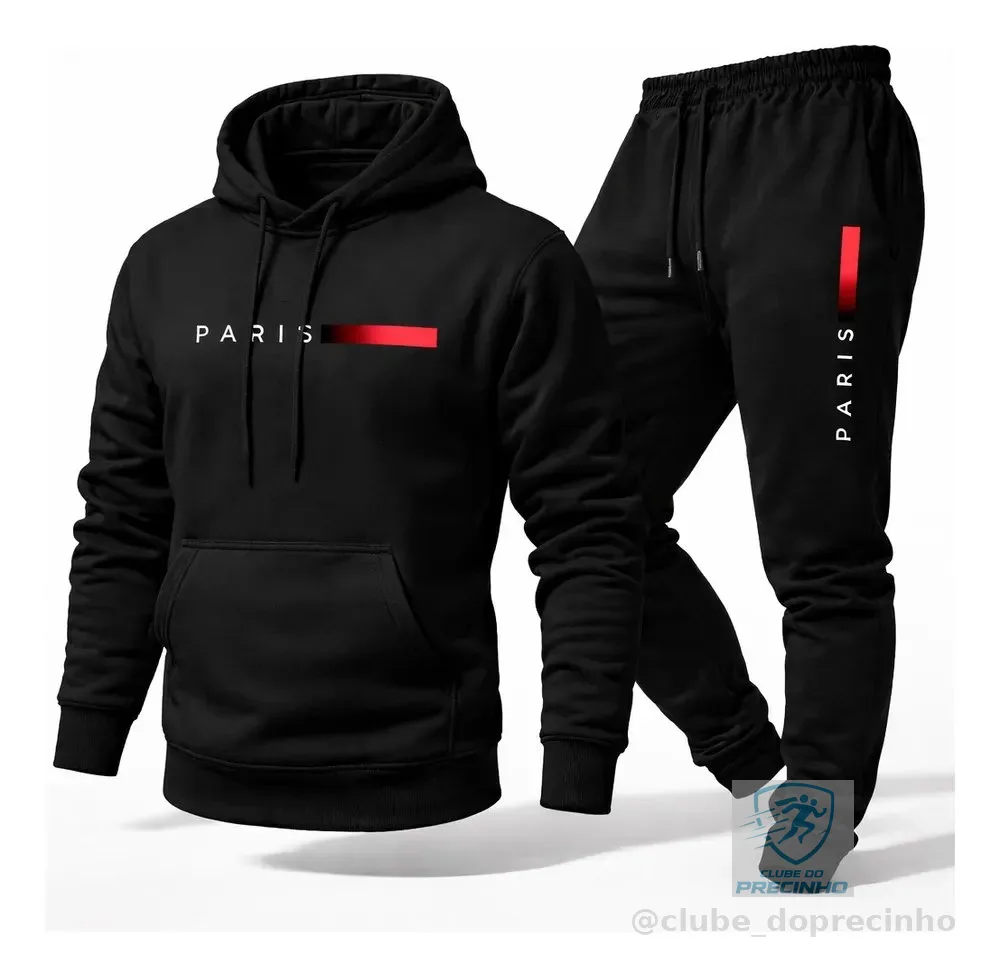 Conjunto Moletom Calça Unissex Paris Canguru Casaco Frio M Preto